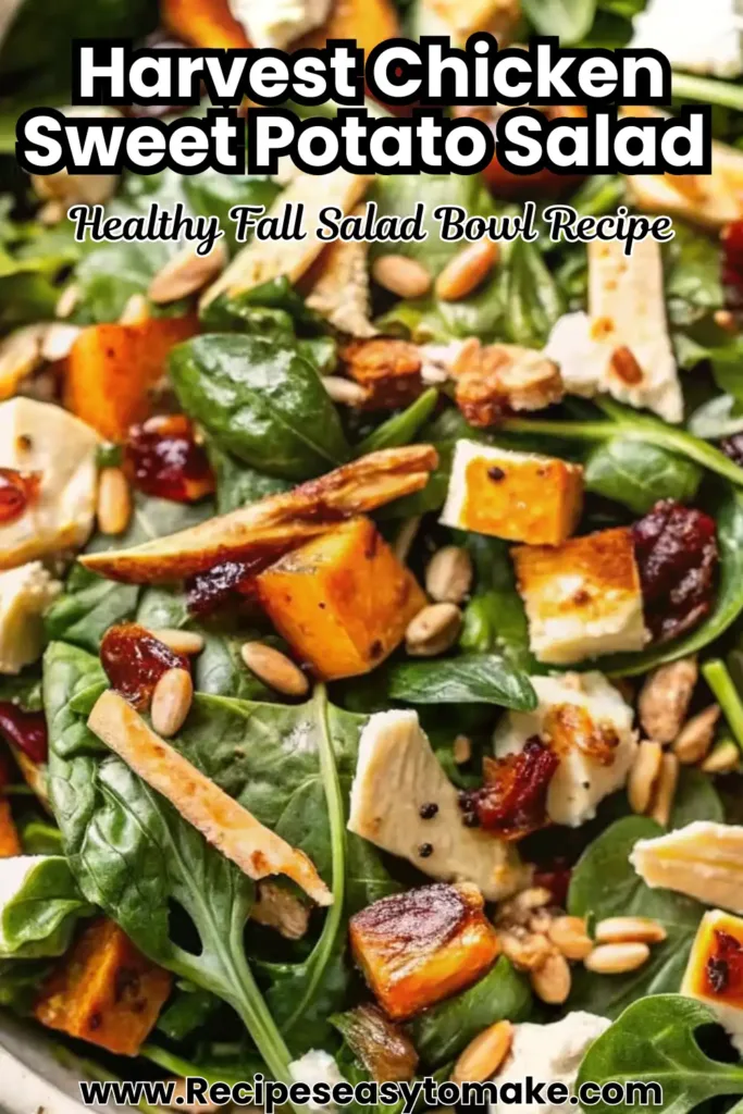 Harvest Chicken Sweet Potato Salad: Fresh Fall Flavor You’ll Crave harvest chicken sweet potato salad Healthy fall salad bowl with roasted sweet potatoes, grilled chicken, dried cranberries, feta cheese, and fresh spinach.