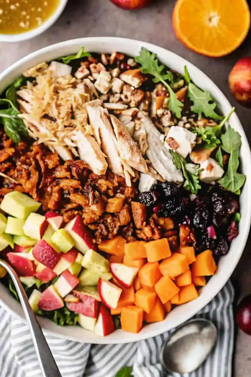 Harvest Cobb Salad with Maple Balsamic Dressing Harvest Cobb Salad Colorful harvest cobb salad with grilled chicken, roasted squash, apples, dried cranberries, nuts, and fresh greens in a large bowl.