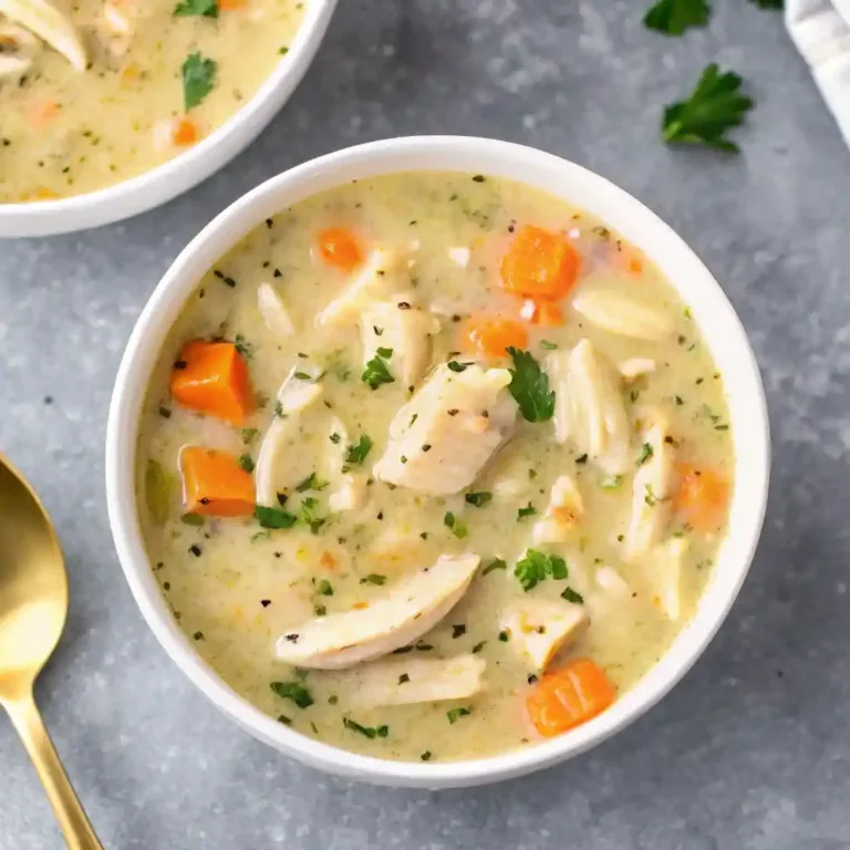 Creamy healthy chicken pot pie soup with carrots, shredded chicken, and herbs served in a white bowl.