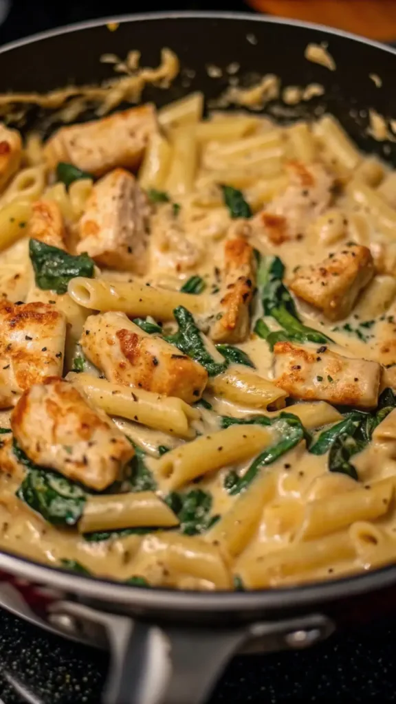 Healthy Garlic Parmesan Chicken Pasta Recipe That Tastes Indulgent Healthy Garlic Parmesan Chicken Pasta Recipe Skillet of creamy healthy garlic parmesan chicken pasta with golden chicken pieces, spinach, and penne in a light parmesan sauce.