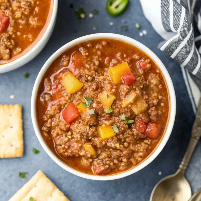 High Protein Stuffed Pepper Soup – Cozy Comfort in a Bowl German potato soup A hearty bowl of high protein stuffed pepper soup with ground beef, tomatoes, and colorful bell peppers