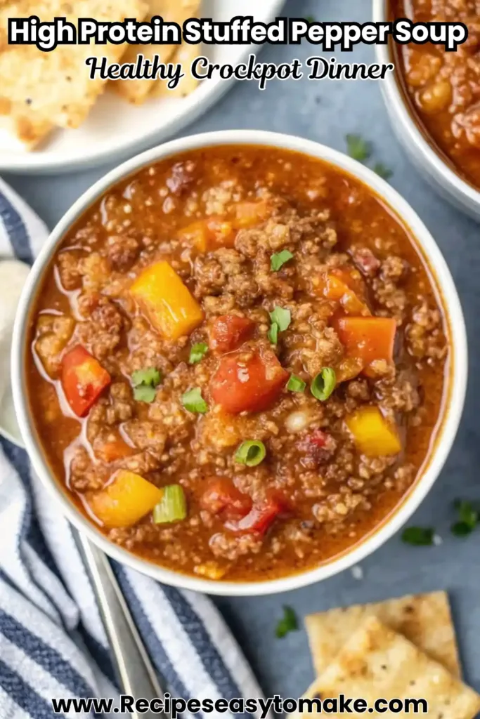 High Protein Stuffed Pepper Soup – Hearty Comfort in a Bowl High Protein Stuffed Pepper Soup Bowl of high protein stuffed pepper soup filled with ground beef, colorful bell peppers, tomatoes, and rice simmered in a savory broth.