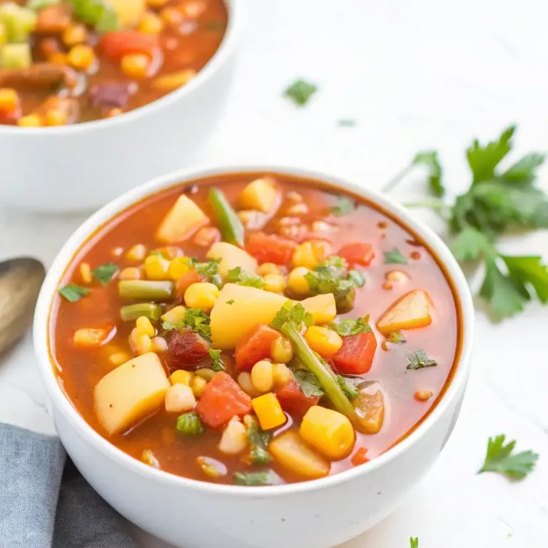 High Protein Vegetable Soup Recipe That’s Hearty & Delicious Marry Me Chicken Soup Recipe A bowl of hearty high protein vegetable soup with potatoes, corn, green beans, and tomatoes in a rich broth