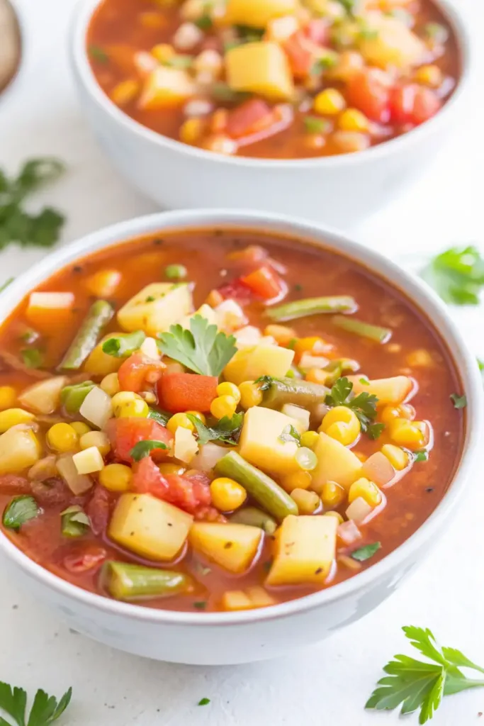 High Protein Vegetable Soup Recipe That’s Hearty & Delicious High Protein Vegetable Soup Recipe Close-up of a bowl of high protein vegetable soup with corn, potatoes, green beans, and tomatoes in a savory broth