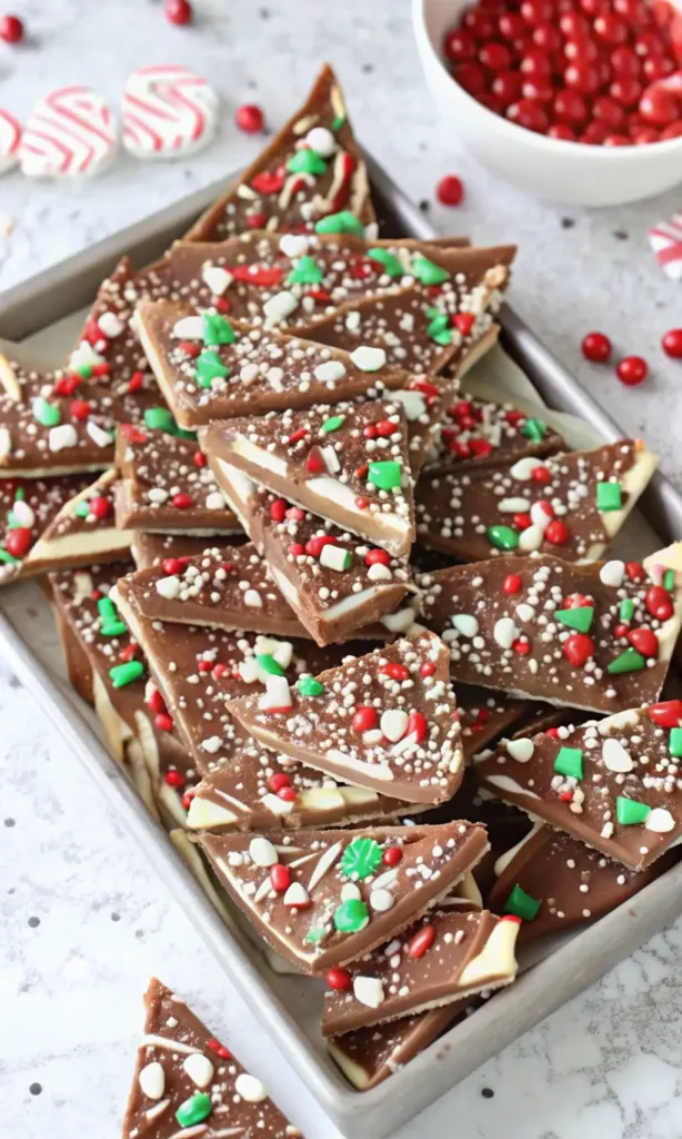 Chocolate Candy Cane Bark: Festive, Easy & Irresistible Holiday Treat Chocolate Candy Cane Bark Chocolate candy cane bark topped with festive red, green, and white candies on a baking tray