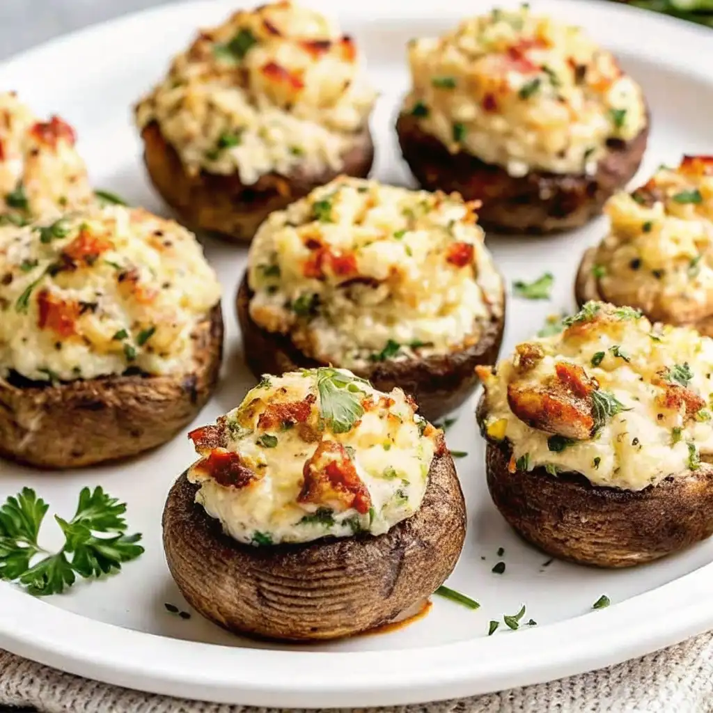 Christmas stuffed mushrooms with creamy cheese, herbs, and golden topping on a white plate