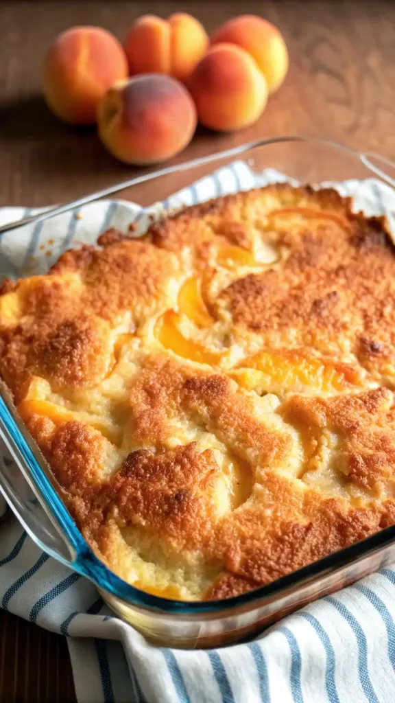 Classic Old-Fashioned Peach Cobbler Recipe That Tastes Like Grandma’s Classic Old-Fashioned Peach Cobbler Recipe Freshly baked peach cobbler in a glass dish with a golden-brown crust, peaches in the background on a wooden table.