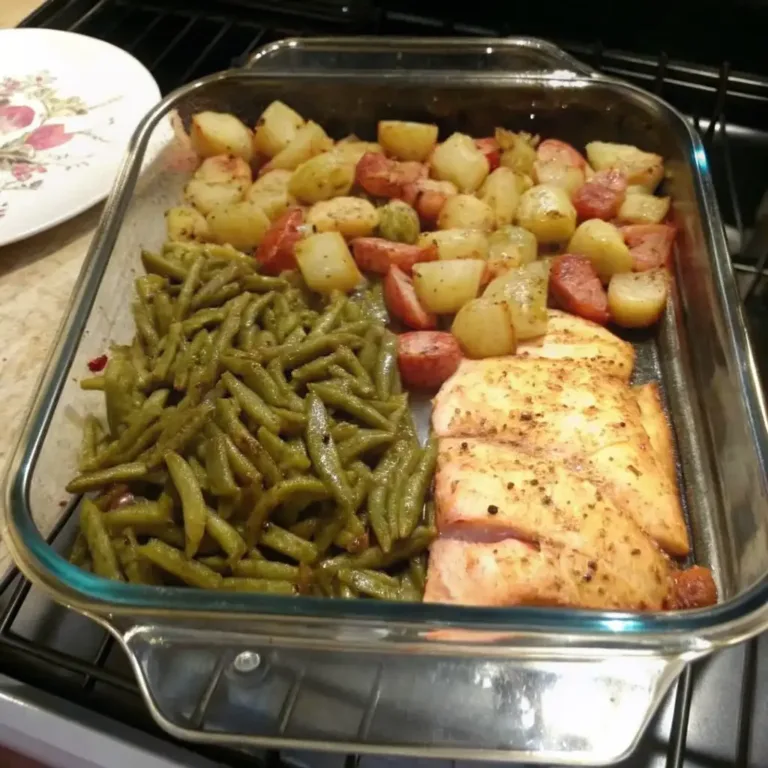 Italian Chicken Potato and Green Bean Bake – Easy Comfort Dinner Traditional Thanksgiving Stuffing Recipe Baked Italian chicken potato and green bean casserole with seasoned chicken breasts, red potatoes, and green beans in a glass dish.