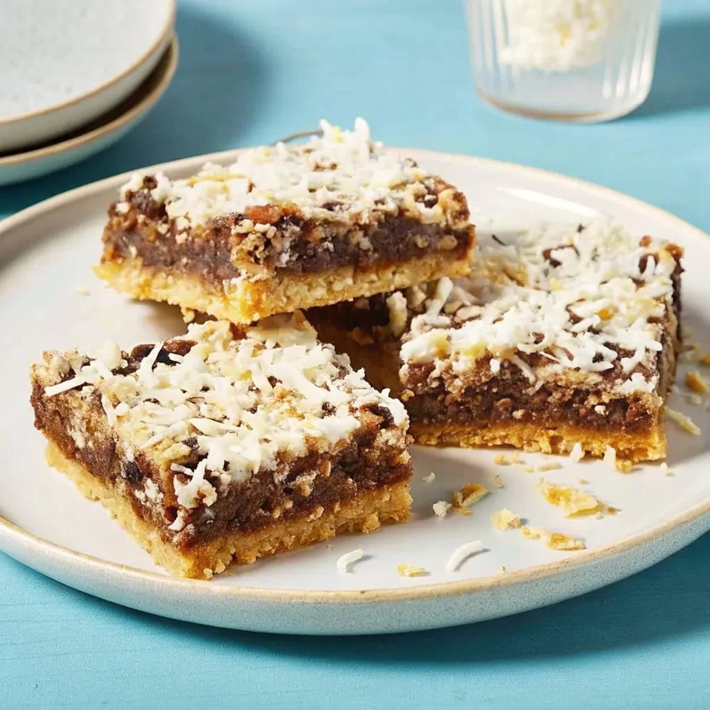 Close-up of magic cookie bars topped with shredded coconut on a plate, showing layers of golden crust, chocolate, and gooey filling.