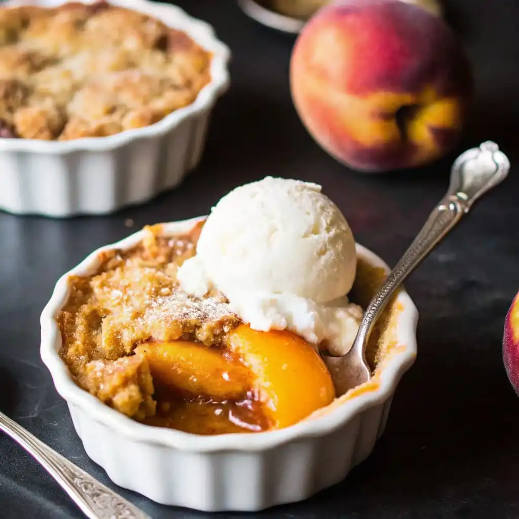 Easy Small Batch Peach Cobbler Recipe That Always Turns Out Perfect Easy Small Batch Peach Cobbler Recipe Mini peach cobbler served in a white ramekin, topped with a scoop of vanilla ice cream and fresh peaches in the background.