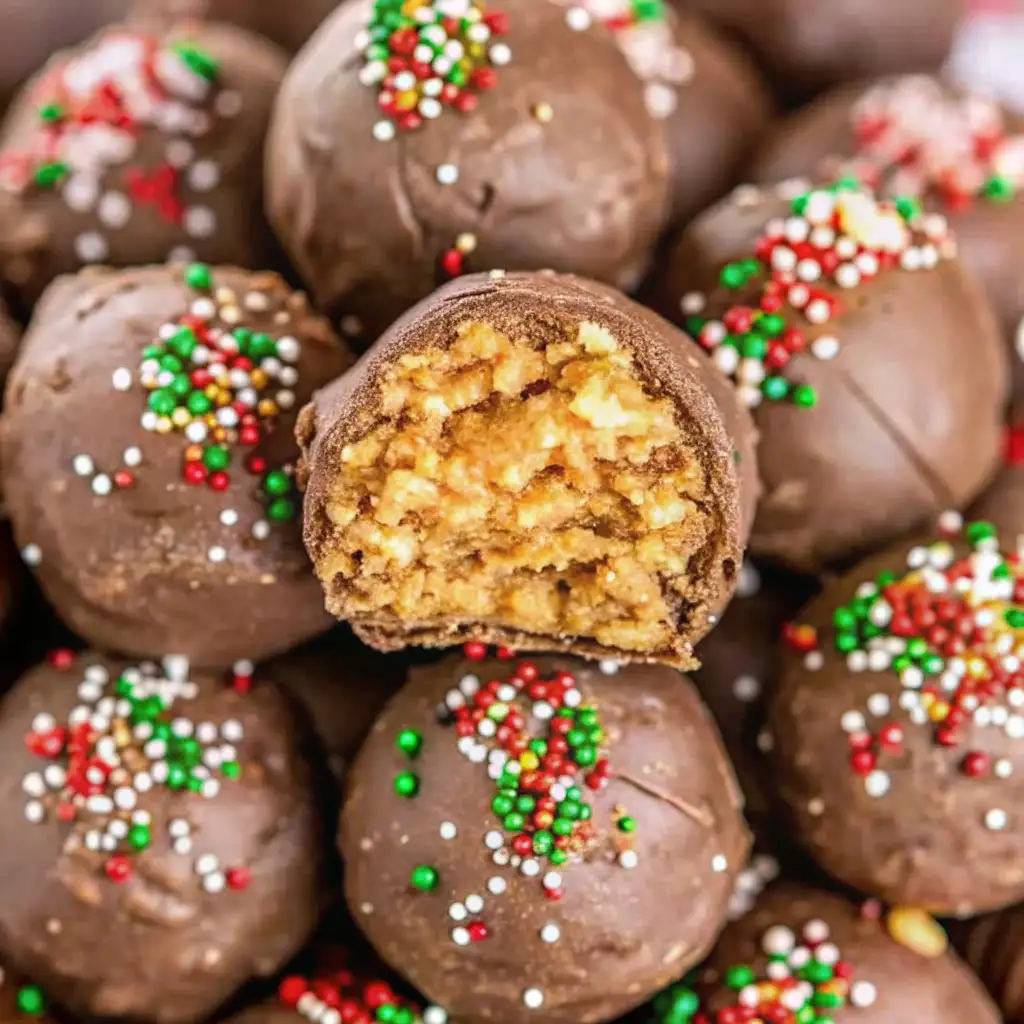 A close-up of no bake pecan pie balls coated in chocolate and topped with festive red, green, and white sprinkles, with one ball showing the nutty, creamy filling inside.
