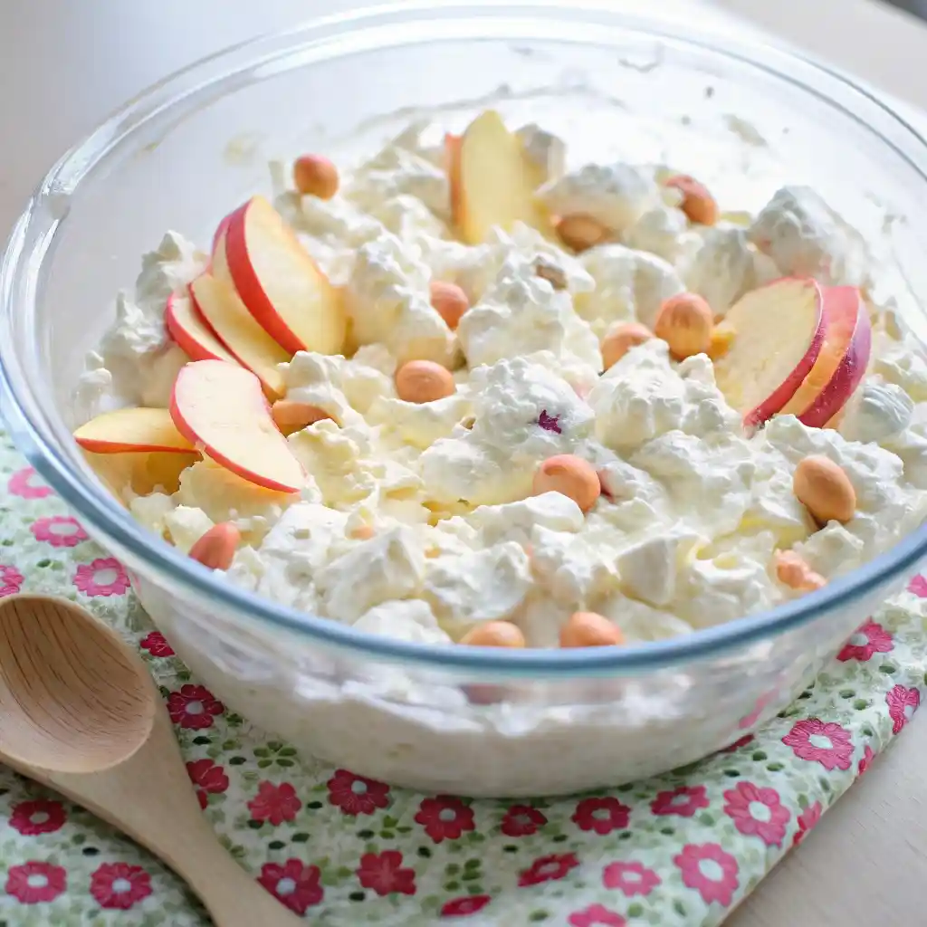 Old Fashioned Taffy Apple Salad Recipe You’ll Love old fashioned taffy apple salad Creamy old fashioned taffy apple salad with apples, peanuts, and fluffy whipped topping in a glass bowl.