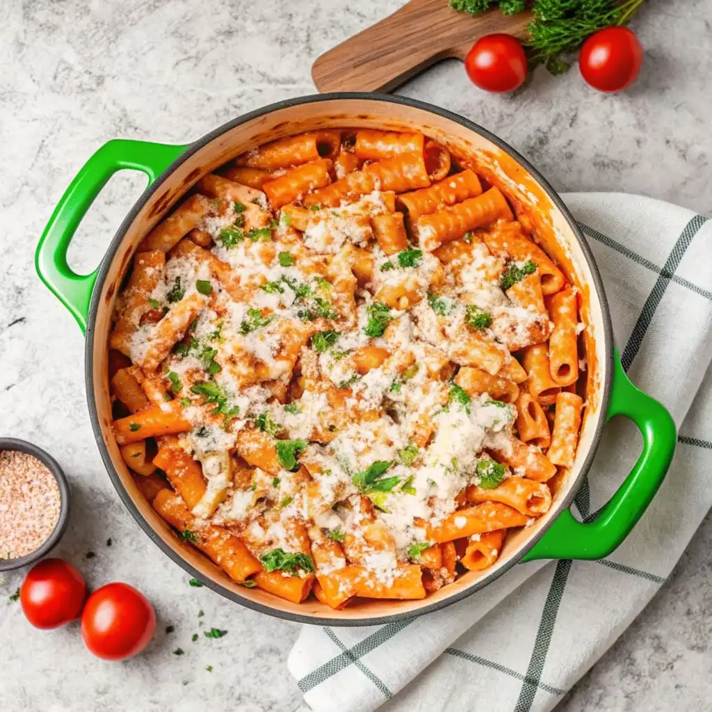 Easy Parmesan Chicken Pasta That’s Creamy & Delicious Easy Parmesan Chicken Pasta Easy Parmesan chicken pasta with tomato cream sauce and parsley in a green Dutch oven