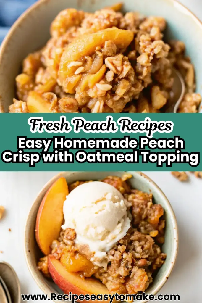 Homemade peach crisp topped with a scoop of vanilla ice cream in a bowl