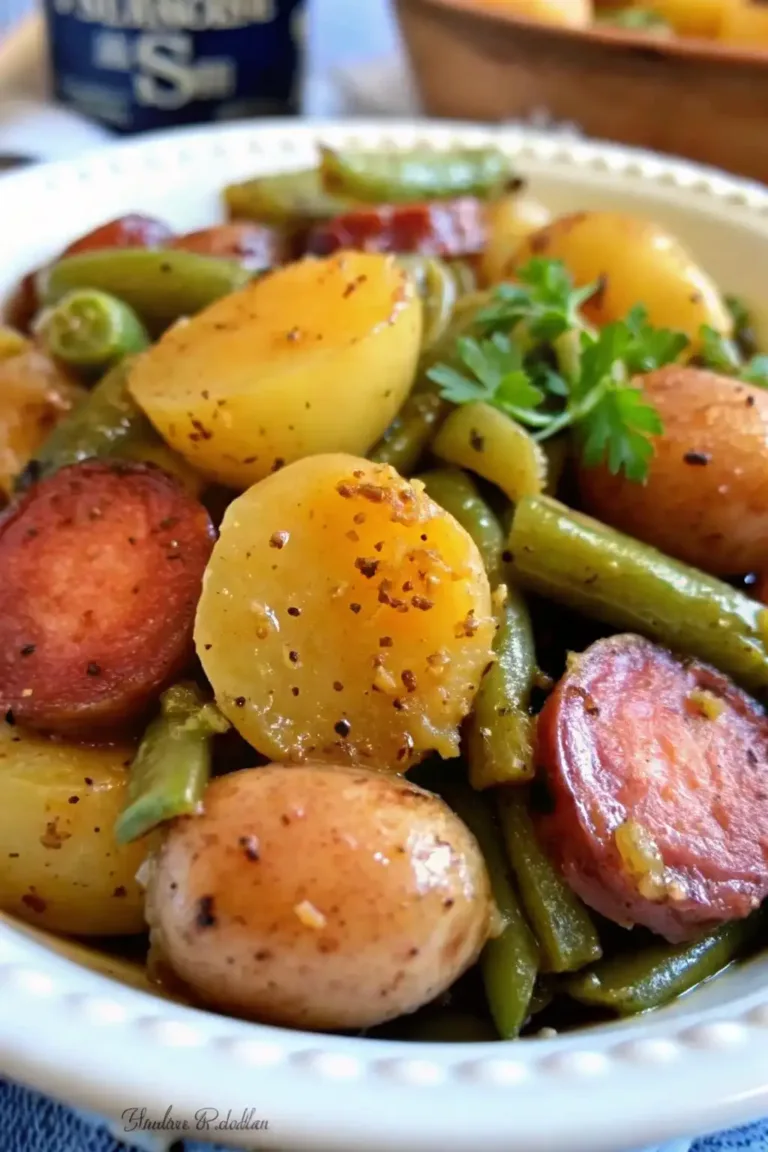 Sausage Green Bean Potato Casserole – Cheesy Comfort in One Dish Traditional Thanksgiving Stuffing Recipe Hearty sausage green bean potato casserole with smoked sausage, baby potatoes, and green beans in a white bowl.