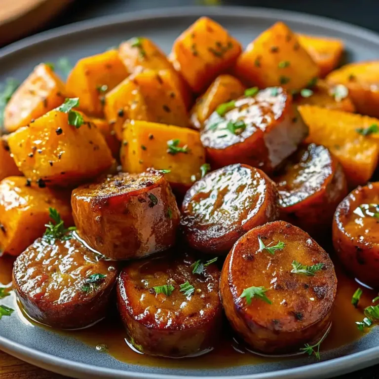 Sausage and Sweet Potatoes with Honey Garlic Sauce – Easy & Flavorful Dinner baked potato casserole Caramelized sausage slices and roasted sweet potato cubes coated in honey garlic sauce, garnished with fresh herbs.