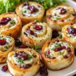 Savory Christmas cranberry roll ups with cream cheese, herbs, and cranberries on a white platter