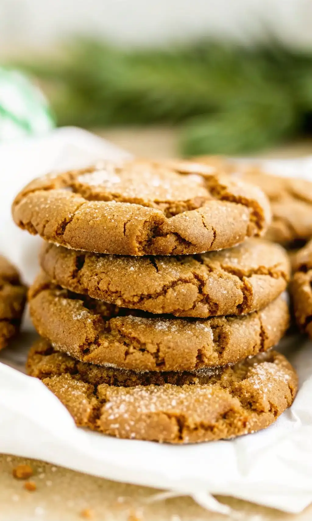 Stack of sugar-dusted ginger molasses cookies on parchment paper