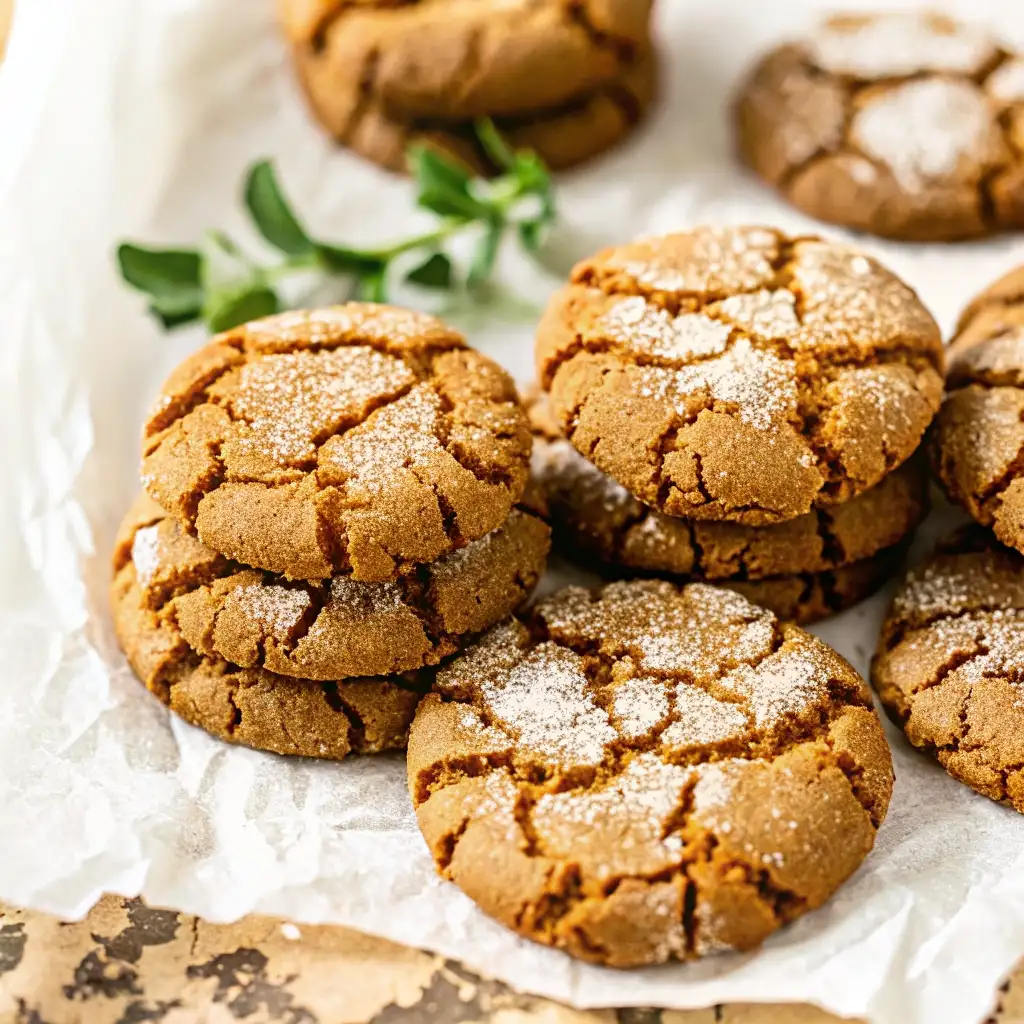 Ginger Molasses Cookies You’ll Love : Warm, Spiced & Chewy in Every Bite Ginger Molasses Cookies Pile of ginger molasses cookies with crackled tops and powdered sugar on parchment paper