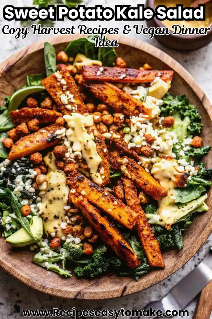 Sweet Potato Kale Salad with Maple Balsamic Dressing Sweet Potato Kale Salad Roasted sweet potato kale salad with crispy chickpeas, avocado, and creamy dressing served in a wooden bowl.