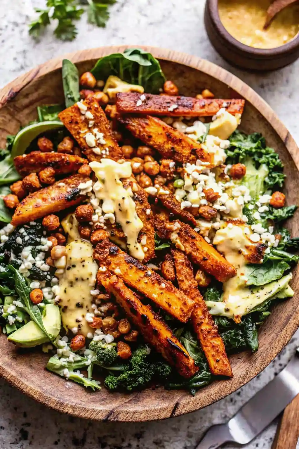 Sweet Potato Kale Salad with Maple Balsamic Dressing Sweet Potato Kale Salad Sweet potato kale salad with roasted sweet potatoes, crispy chickpeas, avocado, greens, and creamy dressing in a wooden bowl.