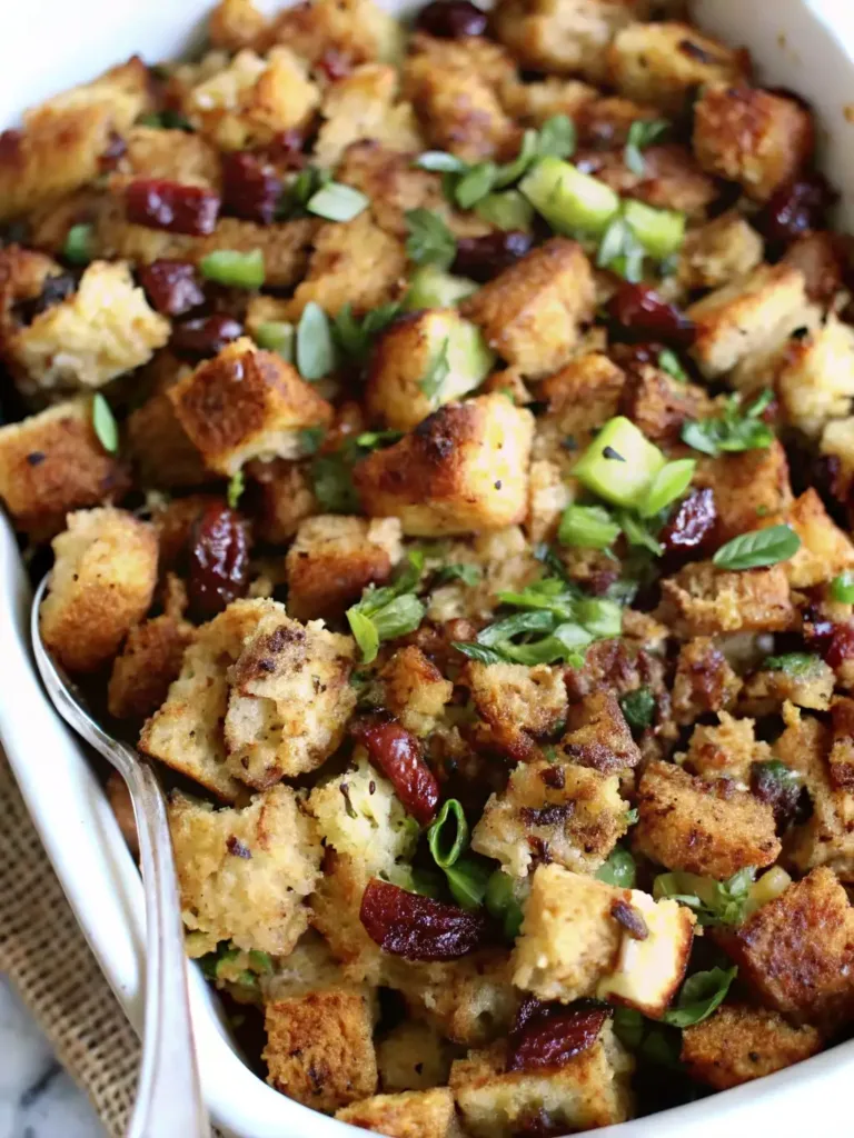 Vegan Stuffing Recipe – Crispy, Flavorful, and Holiday-Perfect Vegan Stuffing Vegan stuffing with bread cubes, cranberries, celery, and fresh herbs in a white baking dish
