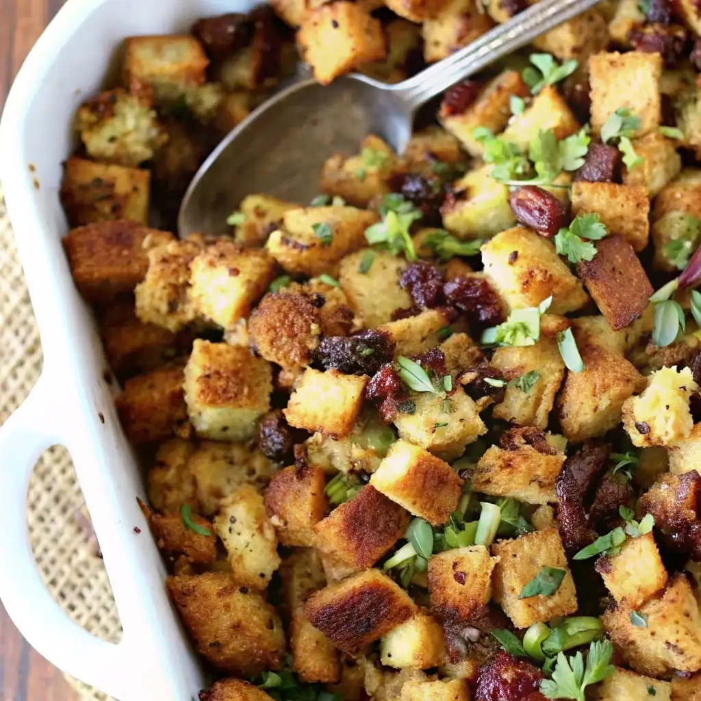 Golden brown vegan stuffing with bread cubes, herbs, and vegetables in a white baking dish