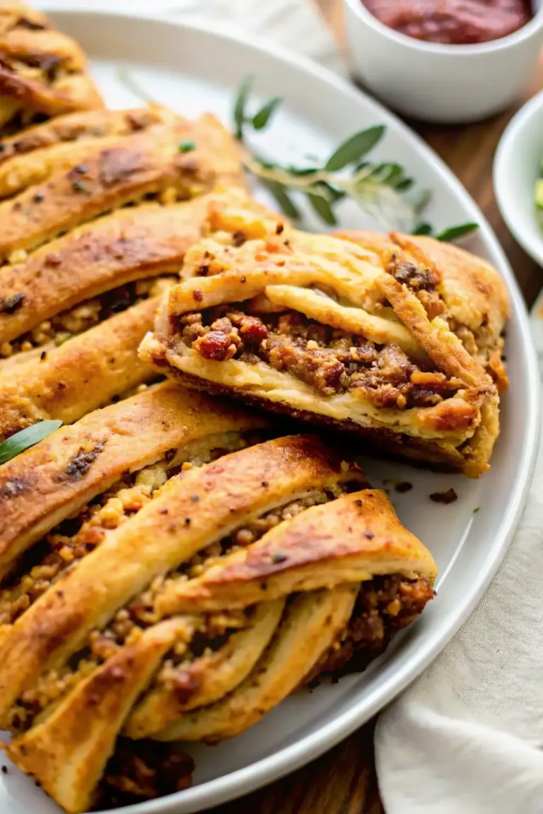 Vegan lentil stromboli filled with lentils, vegetables, and herbs wrapped in golden baked dough