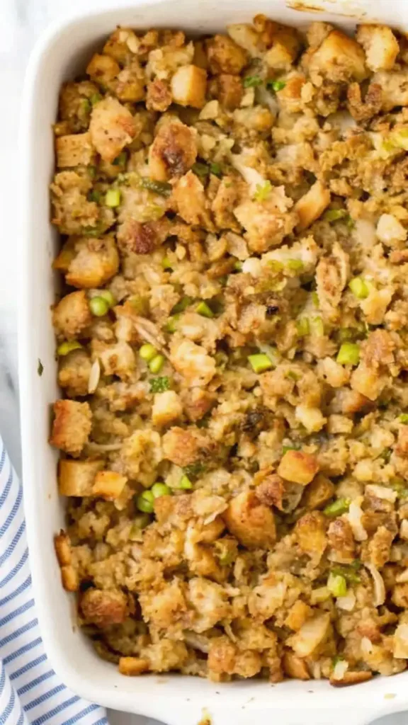 Grandma’s Stuffing Recipe – The Ultimate Comfort Dish Grandma’s Stuffing Recipe Overhead view of Grandma’s stuffing recipe baked in a white dish with golden bread cubes and herbs