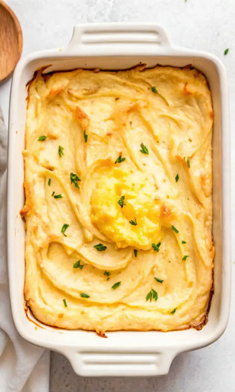 Baked mashed potatoes with golden top in white baking dish