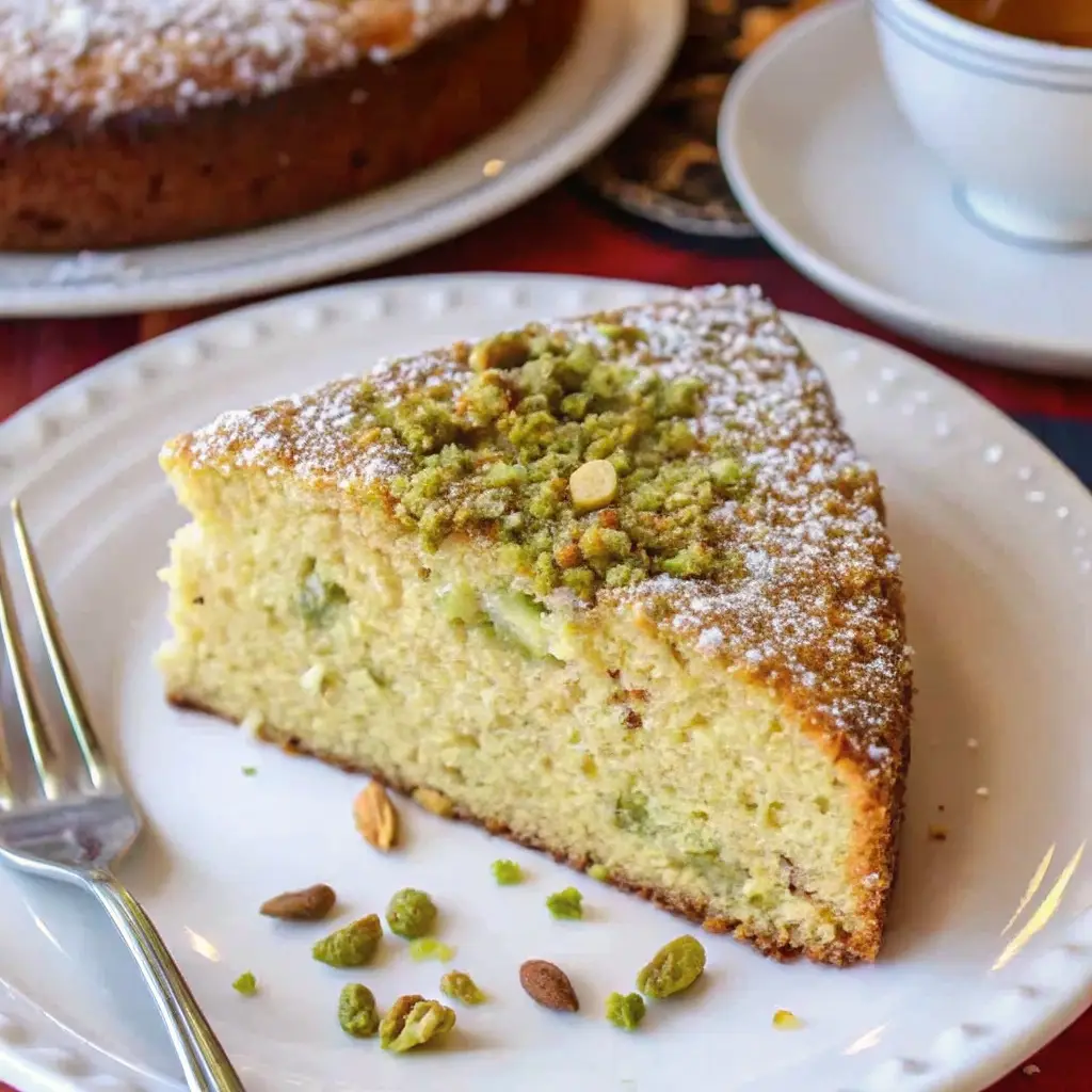 The Ultimate Pistachio Ricotta Cake (Easy & Moist Recipe) pistachio ricotta cake A close-up of a slice of pistachio ricotta cake on a white plate. The image showcases the moist, tender crumb with chunks of pistachio, and the top is dusted with powdered sugar and a pistachio crumble.