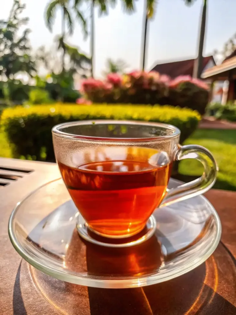 Authentic Costa Rican Tea Recipe (Agua Dulce con Té) costa rican tea recipe Costa Rican black tea in a glass cup glowing in morning sunlight