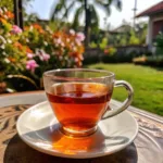 Authentic Costa Rican Tea Recipe (Agua Dulce con Té) costa rican tea recipe Glass cup of Costa Rican tea in a tropical garden setting