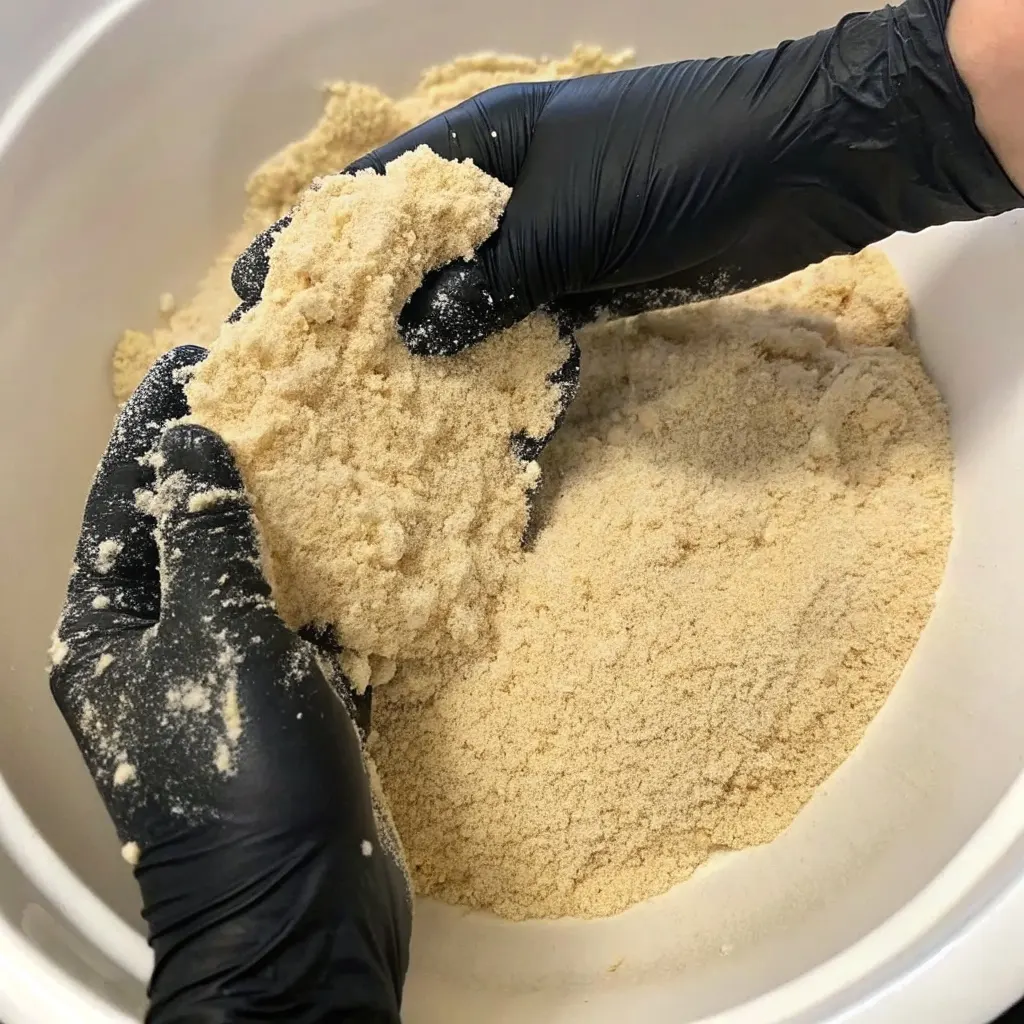 Cowboy Cake: The Original, Easy, Old-Fashioned Recipe cowboy cake Hands in black gloves showing the correct sandy, crumbly texture of the cowboy cake topping after cutting cold butter into the flour and sugar.