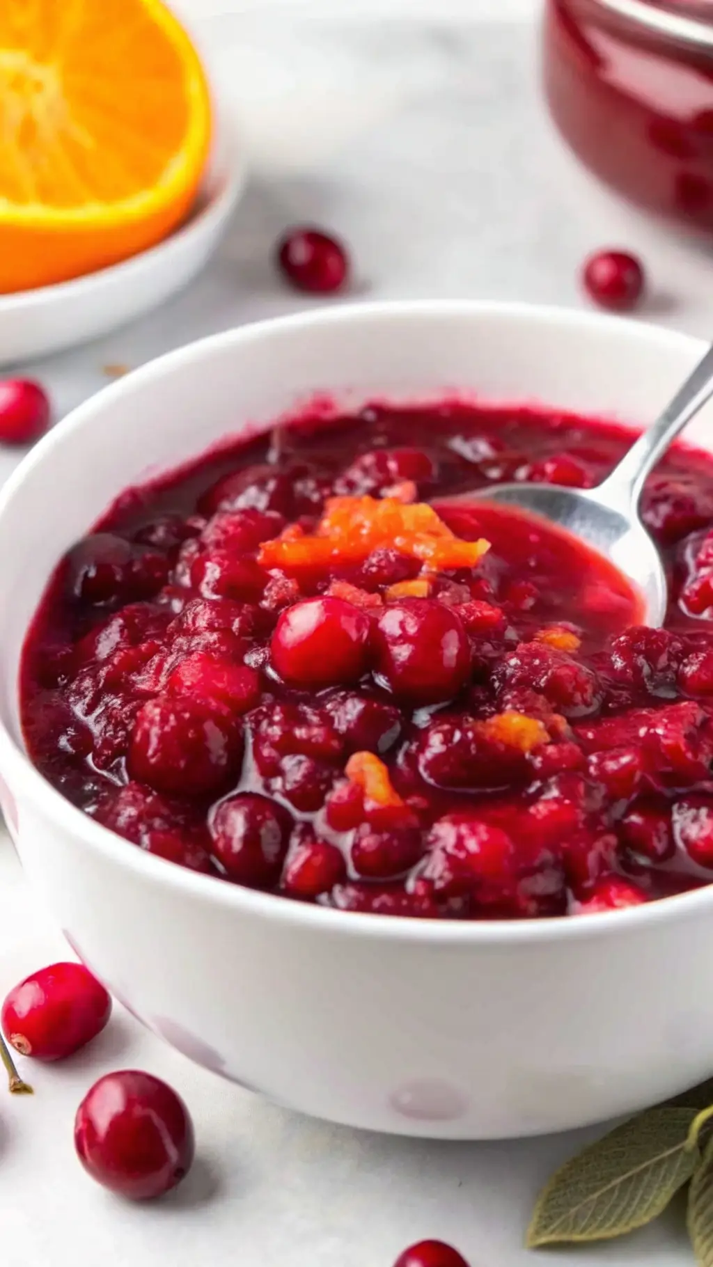 cranberry orange sauce in a white bowl with orange zest garnish