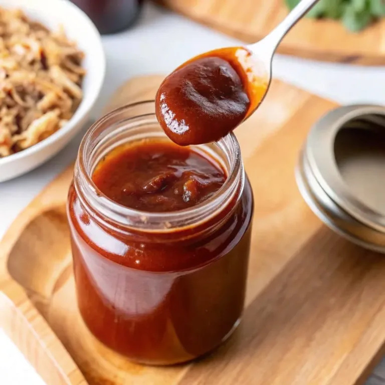 Homemade Hickory Smoked BBQ maple glazed carrots A spoon lifting thick, homemade hickory smoked BBQ sauce from a glass jar, with a bowl of pulled pork in the background.