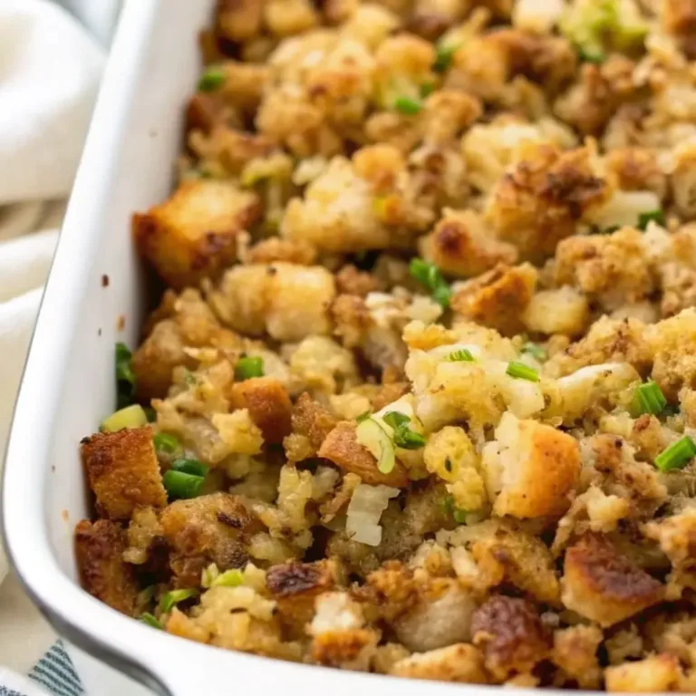 Close-up of Grandma’s stuffing recipe with golden bread cubes and fresh herbs in a white baking dish