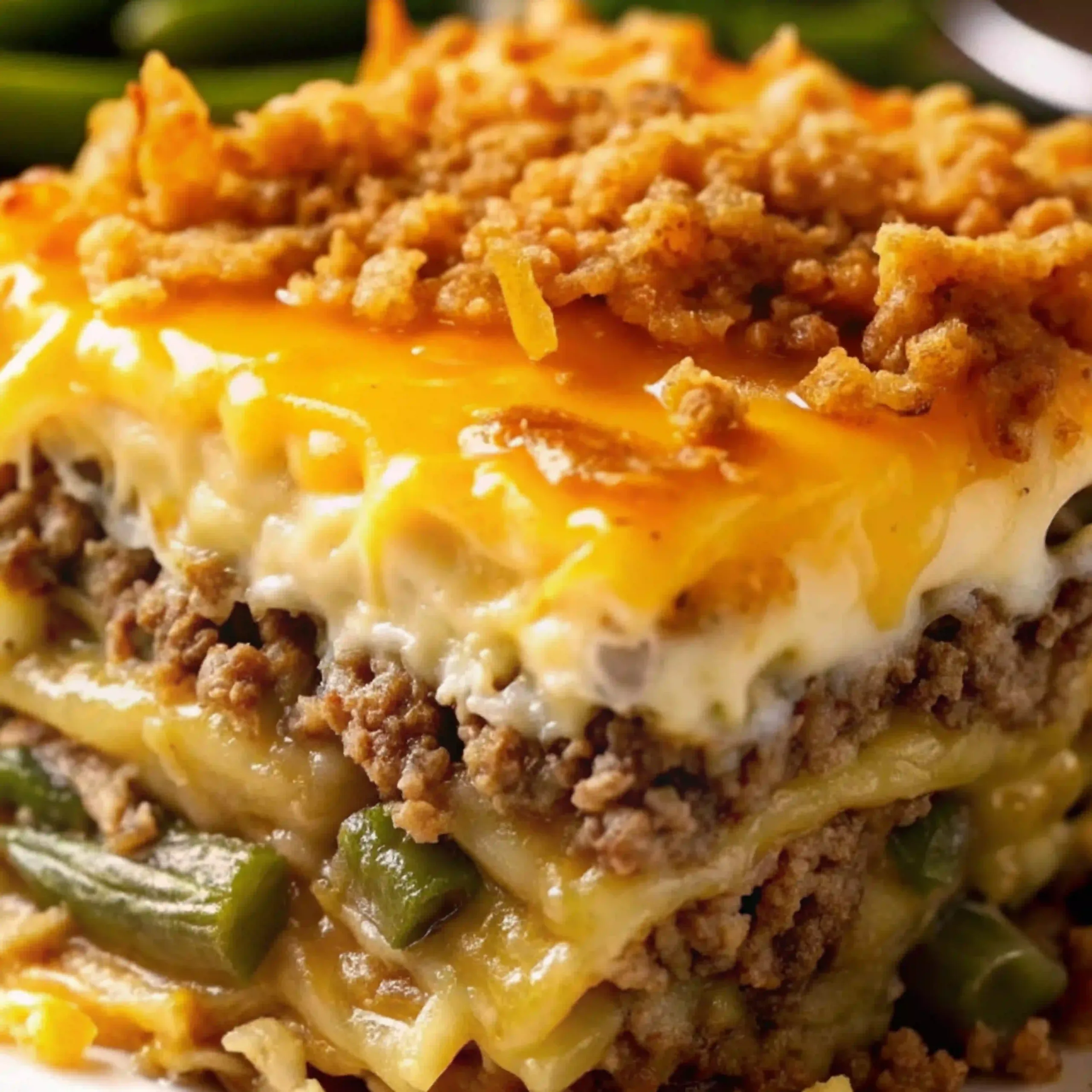 closeup of hamburger green bean casserole with melted cheese and crispy topping