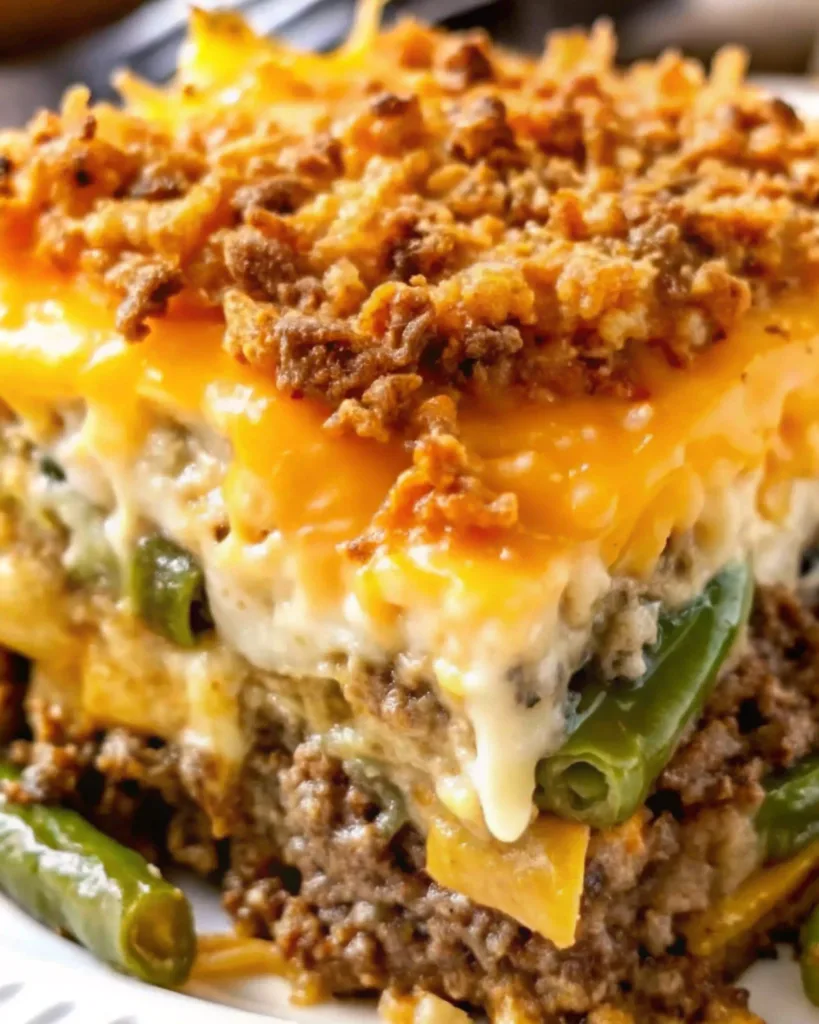 Hamburger Green Bean Casserole – Rustic Comfort in Every Bite Hamburger Green Bean Casserole serving of hamburger green bean casserole with golden crispy topping