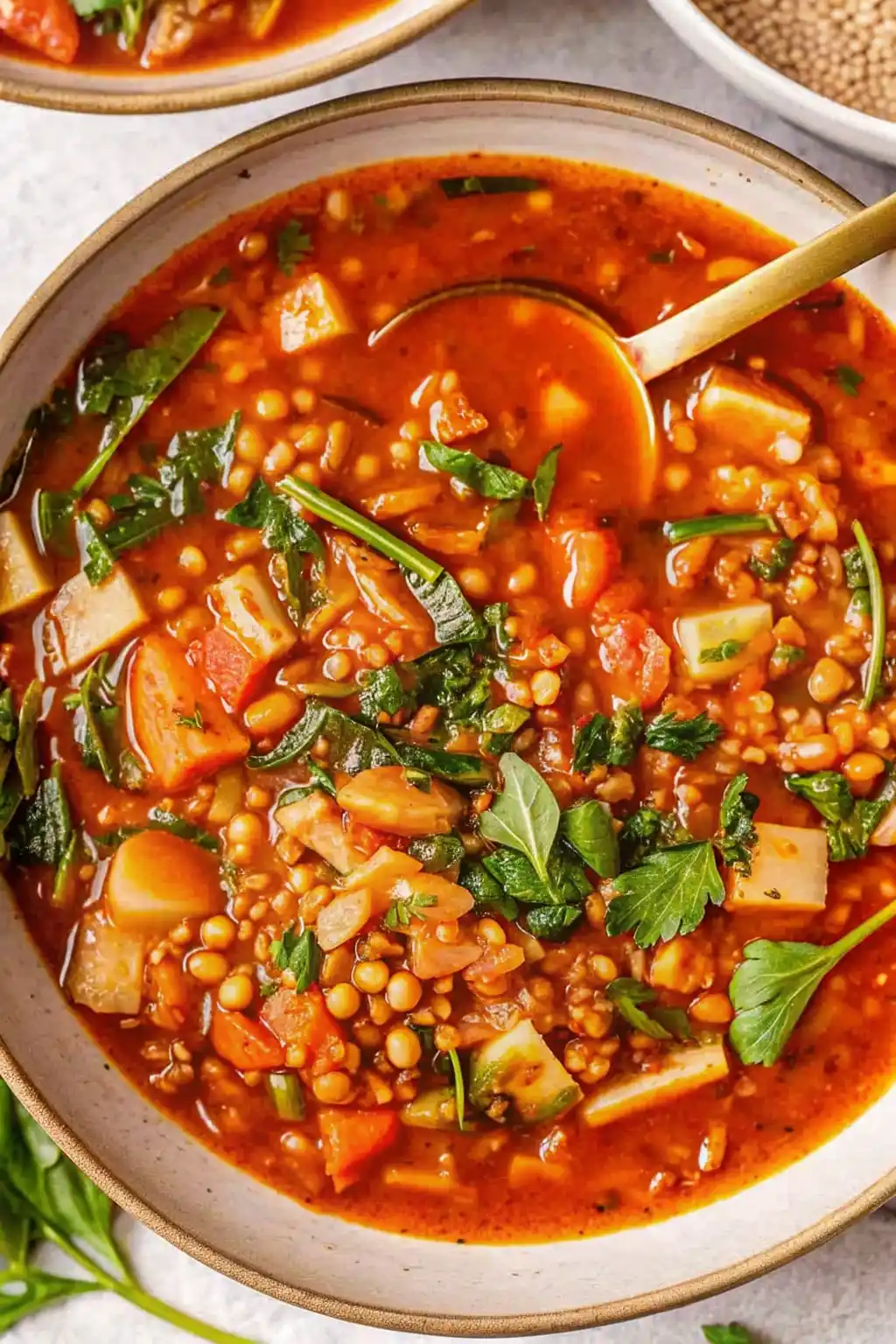 A hearty bowl of high protein vegetable soup with lentils, chickpeas, carrots, potatoes, and leafy greens simmered in a rich tomato broth.
