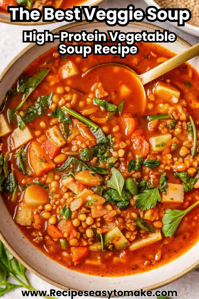 High-Protein Vegetable Soup Recipe: The Best Veggie Soup for Healthy Comfort high-protein vegetable soup recipe A comforting bowl of high protein vegetable soup filled with lentils, chickpeas, carrots, potatoes, and fresh herbs simmered in a rich tomato broth.