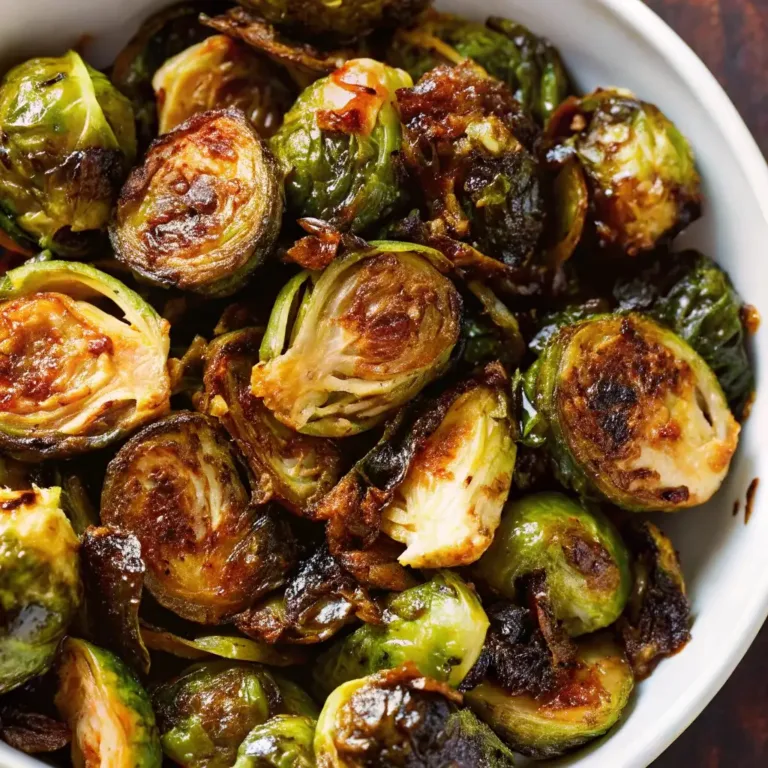 Honey Balsamic Brussels Sprouts That Taste Like Fall in Every Bite Keto Dirt Cake Crispy honey balsamic brussels sprouts in white bowl