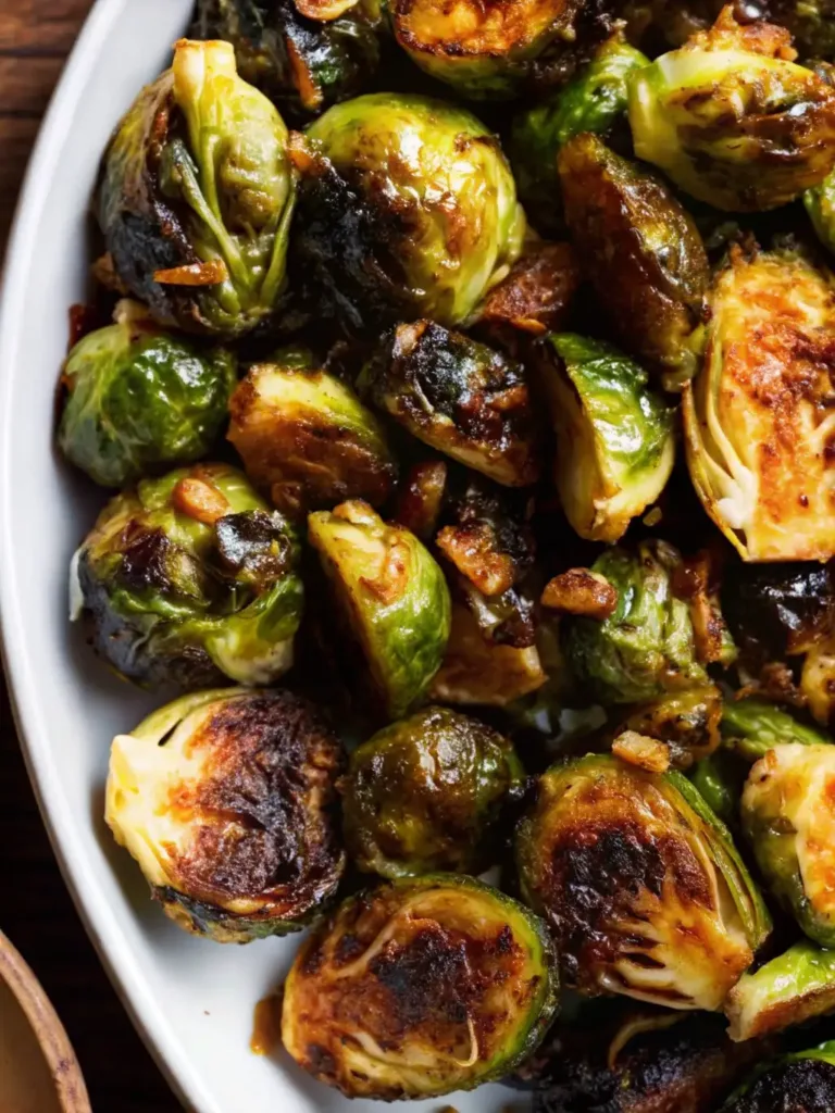 Honey Balsamic Brussels Sprouts That Taste Like Fall in Every Bite Honey Balsamic Brussels Sprouts Roasted honey balsamic brussels sprouts on white serving dish