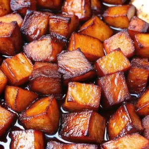 Close-up of honey roasted sweet potatoes with caramelized glaze