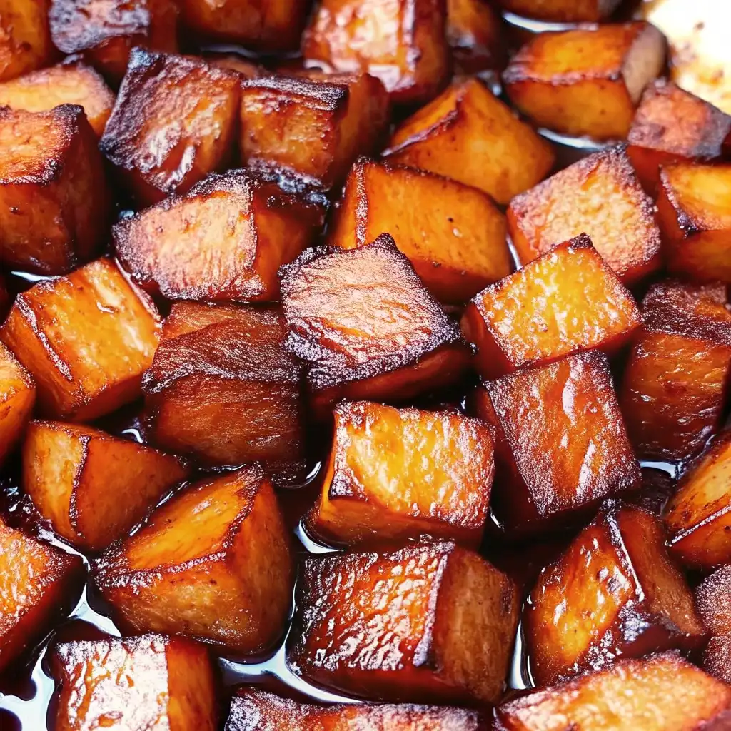 Close-up of honey roasted sweet potatoes with caramelized glaze