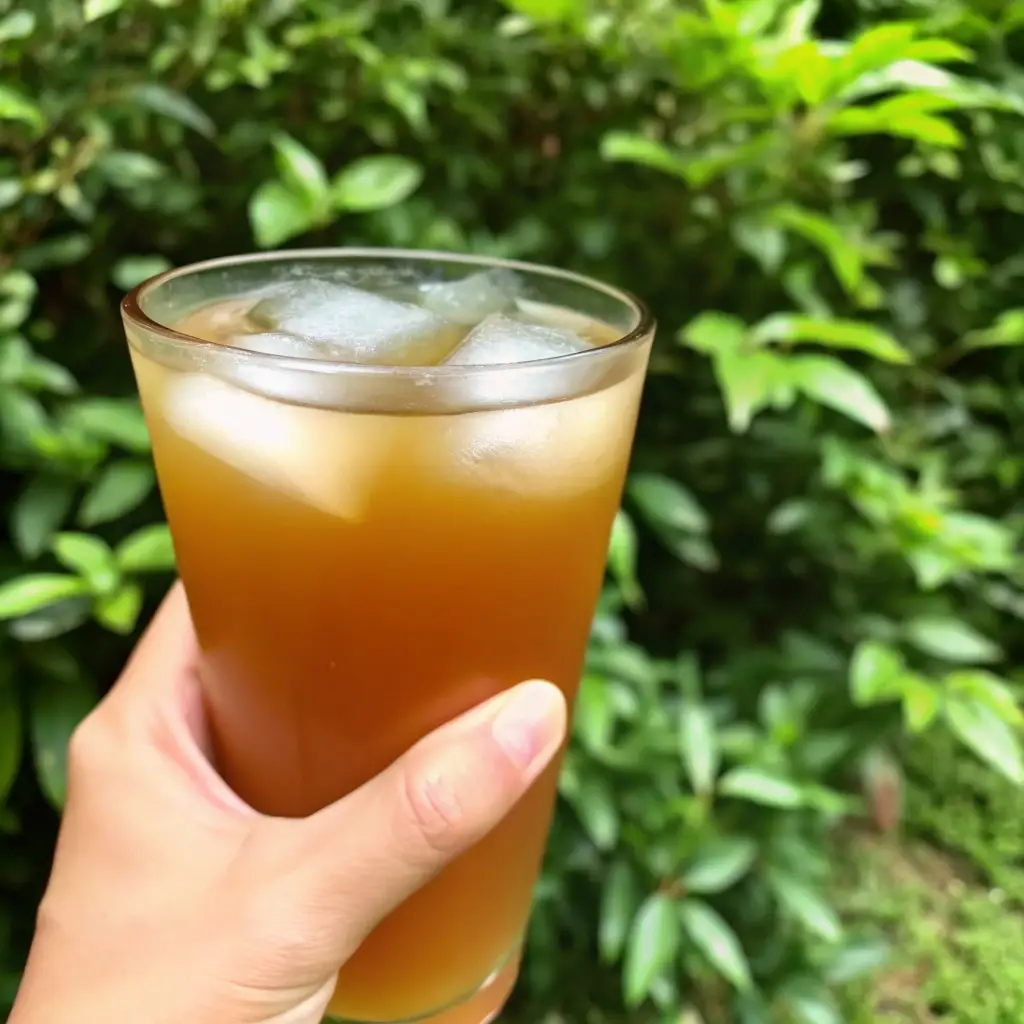 A hand holding a glass of iced costa rican tea recipe for weight loss with a natural green garden background