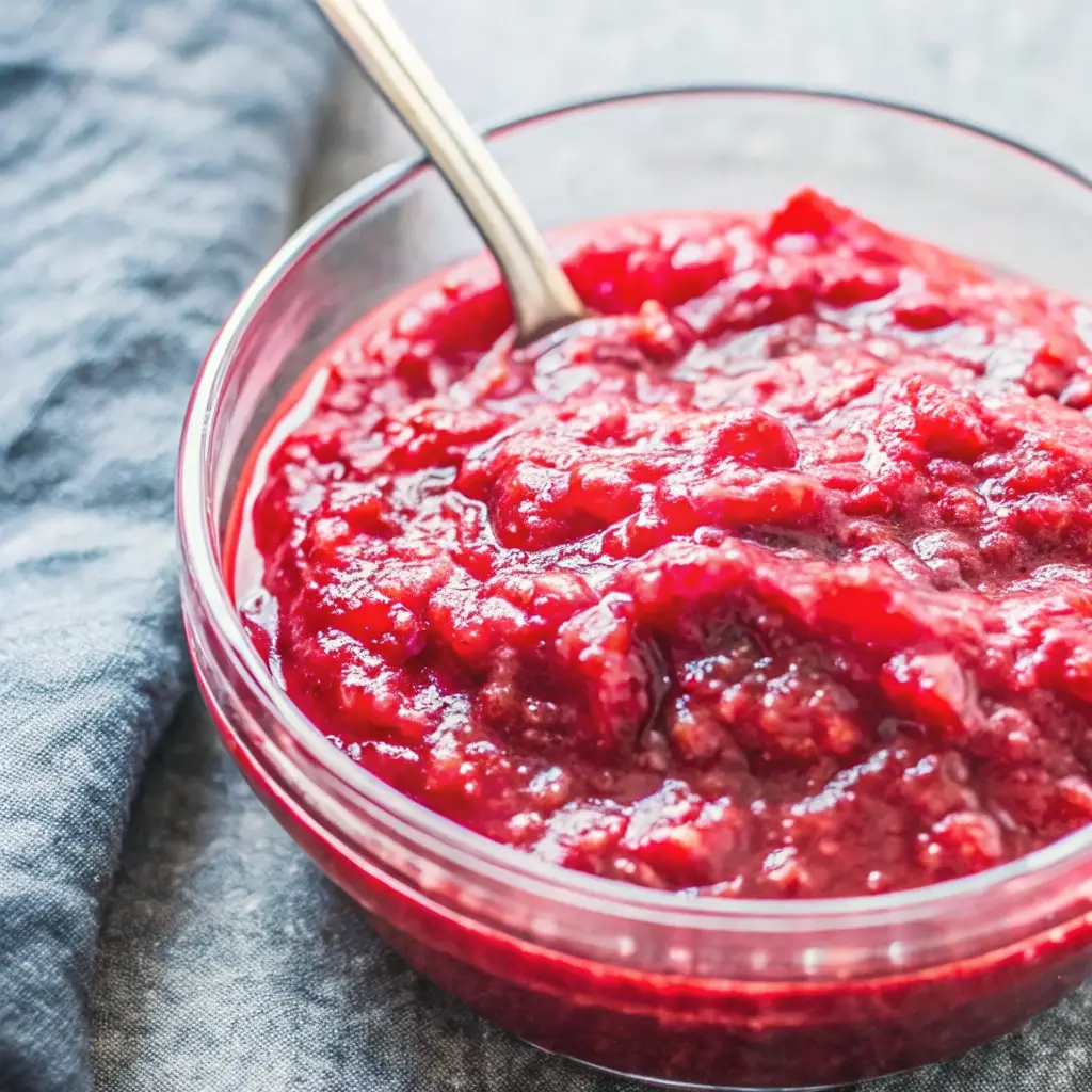 Keto cranberry sauce recipe in a glass bowl with spoon