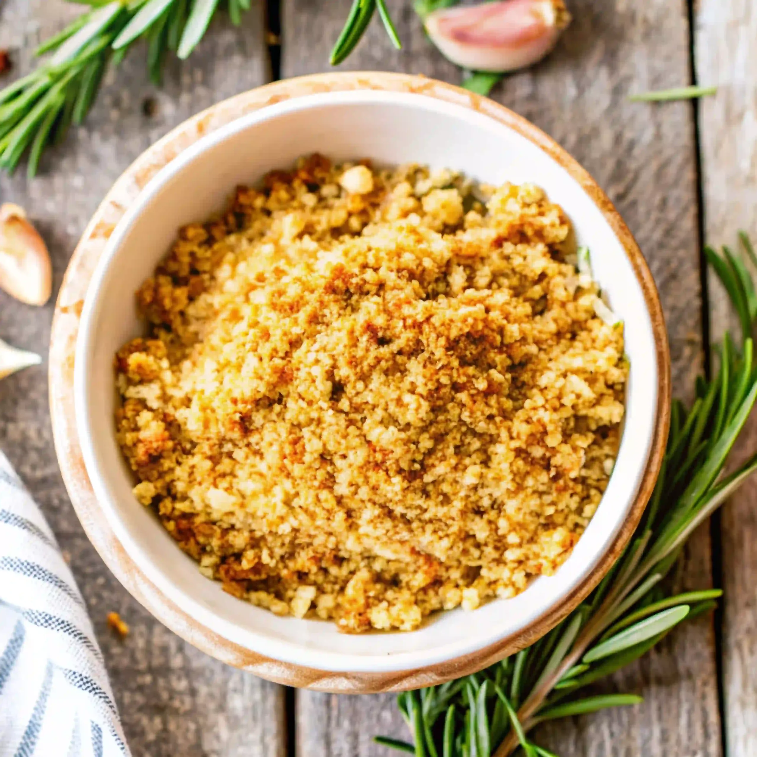 An overhead view of a bowl of homemade pangrattato, surrounded by fresh rosemary sprigs and garlic cloves on a rustic wooden table.
