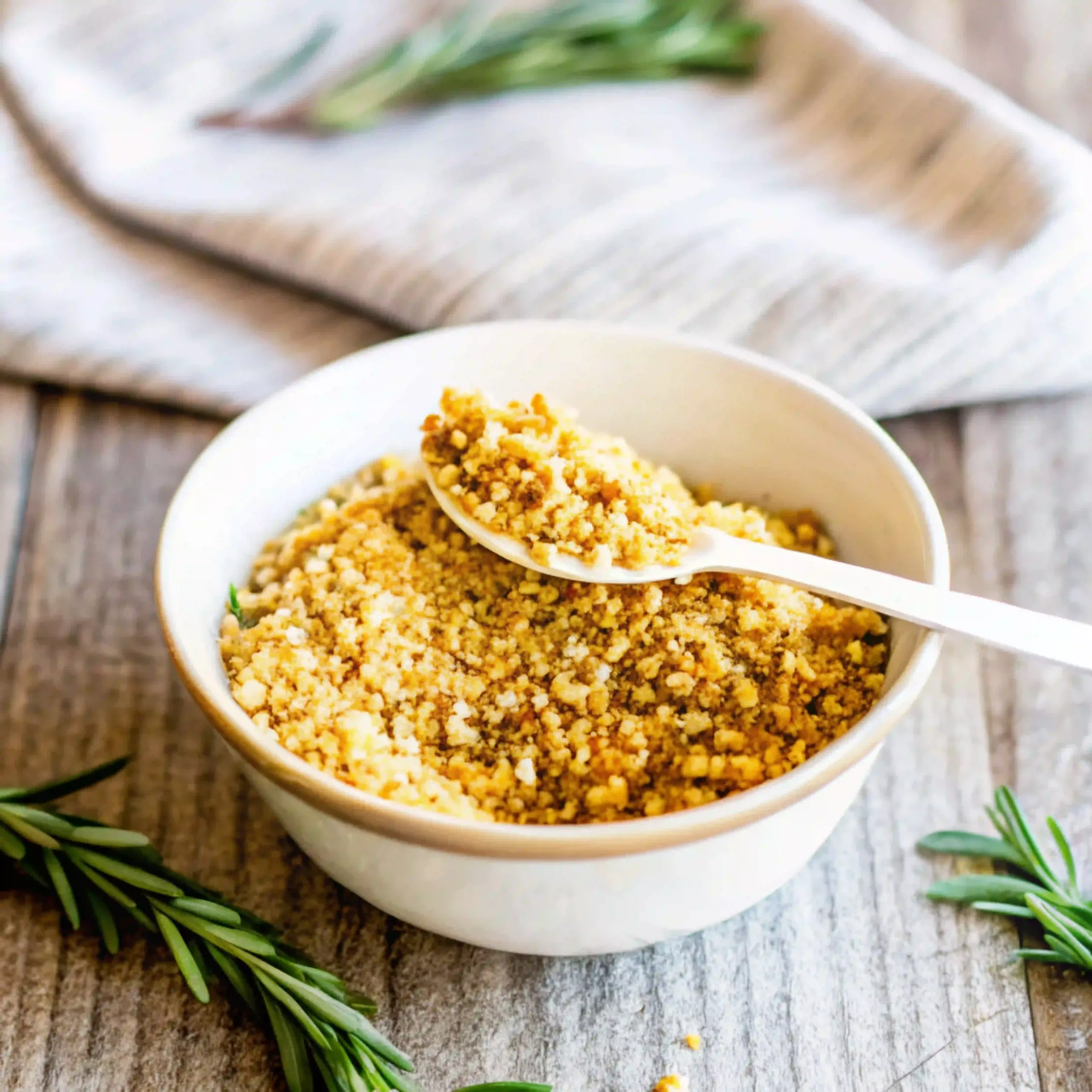 A small white bowl filled with golden brown, crispy pangrattato, with a spoon lifting some to show the texture. Fresh rosemary sprigs are placed on the rustic wooden background.
