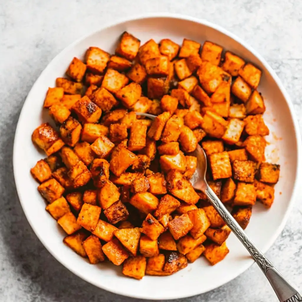 Savory roasted sweet potatoes in a white bowl with crispy edges
